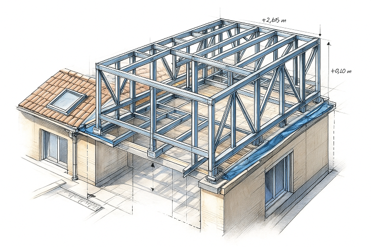 Réhausse en ossature métallique – montage de la structure acier pour surélévation maison - Installation d’une réhausse en ossature métallique légère, avec une structure acier préfabriquée permettant une surélévation rapide et durable sans travaux lourds de fondations.