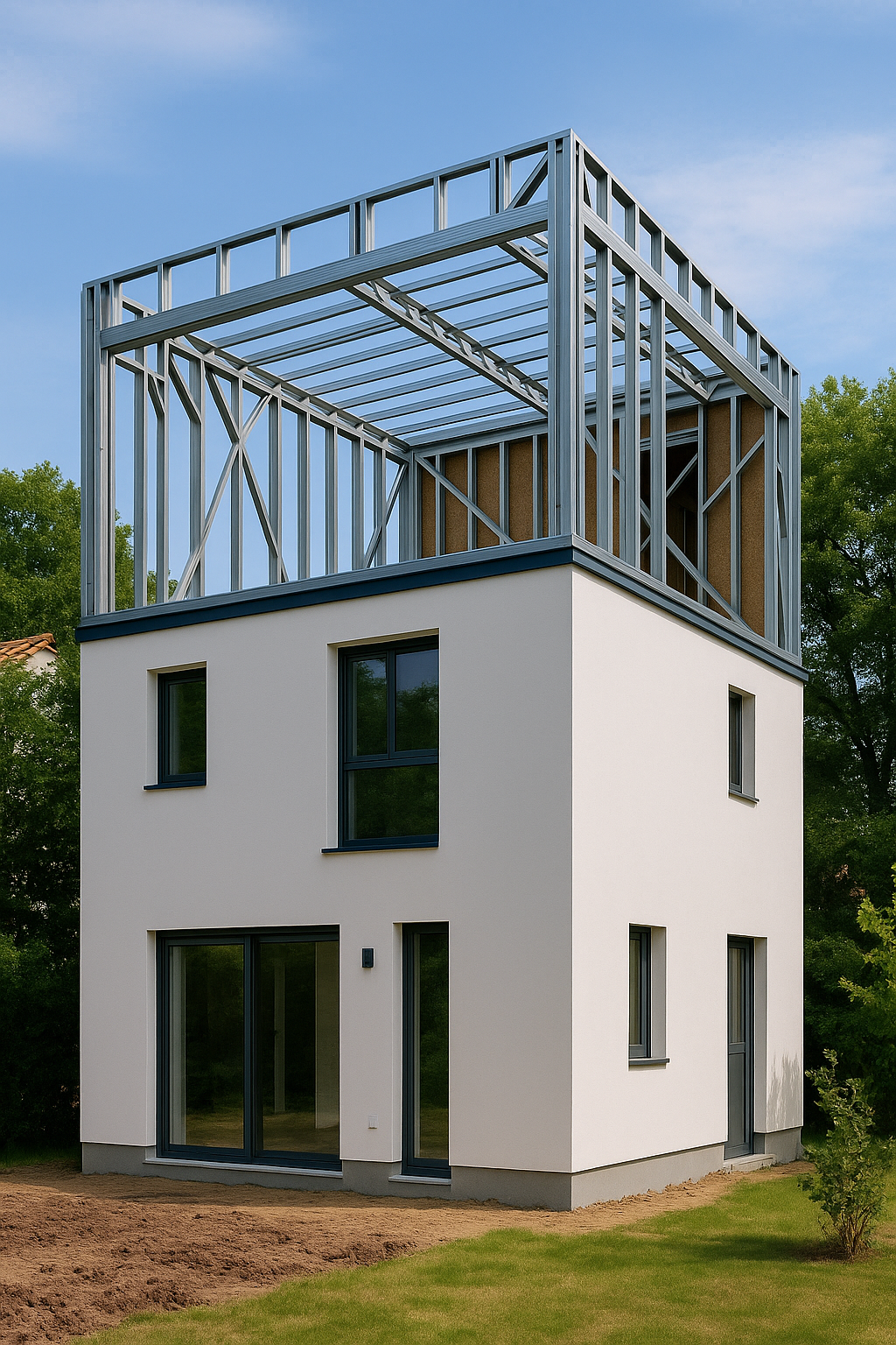 Réhausse maison ossature métallique – pose de la charpente acier - Pose d’une charpente métallique dans le cadre d’une réhausse maison en ossature acier, garantissant une construction rapide, précise et adaptée aux projets de surélévation en Belgique.