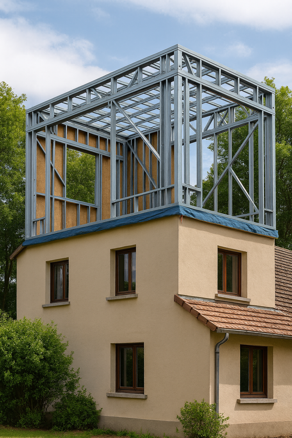 Extension verticale en structure acier – surélévation d’un étage en ossature métallique - Surélévation complète d’un bâtiment via une extension verticale en acier, offrant un étage supplémentaire avec une ossature métallique robuste, légère et idéale pour agrandir une maison sans perte de terrain.