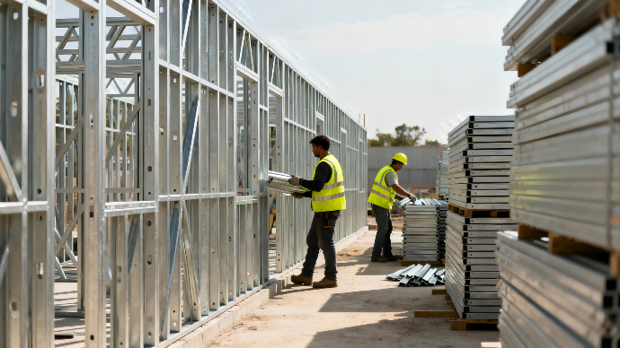 Chantier ossature métallique – montage de la structure acier en construction rapide Description : Montage en cours d’une ossature métallique haute précision, illustrant la rapidité d’exécution et la robustesse d’une construction en structure acier.